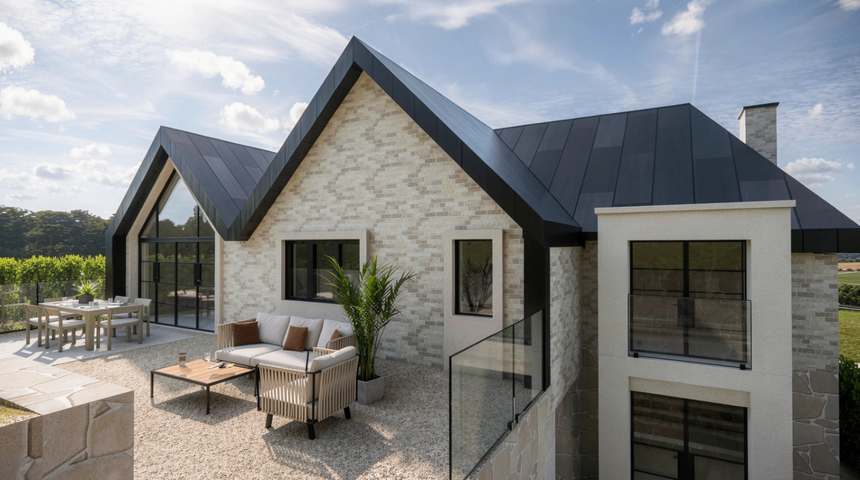 Contemporary gabled home with zinc roof render