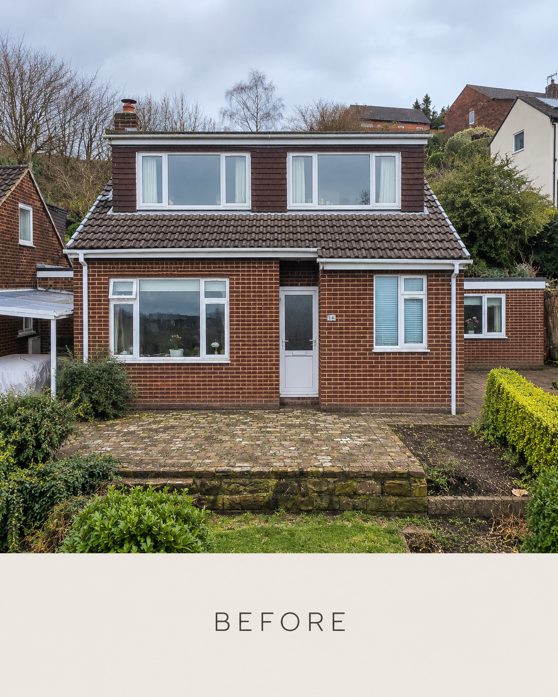 The original brick bungalow before the transformation, photographed from the front driveway