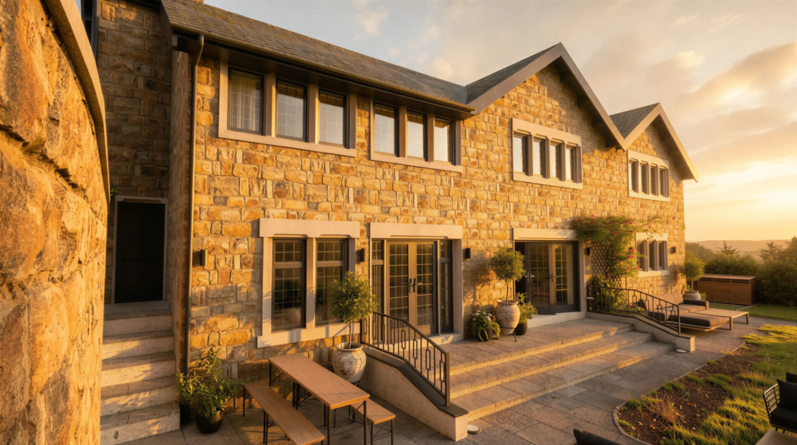 Stone home exterior at golden hour render