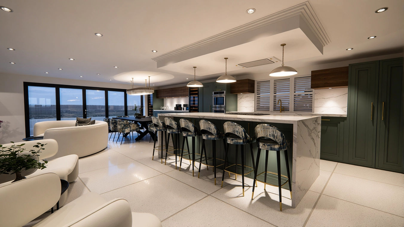 Contemporary kitchen and dining interior render