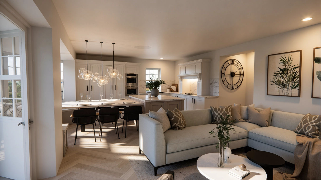 Open-plan kitchen and living interior render