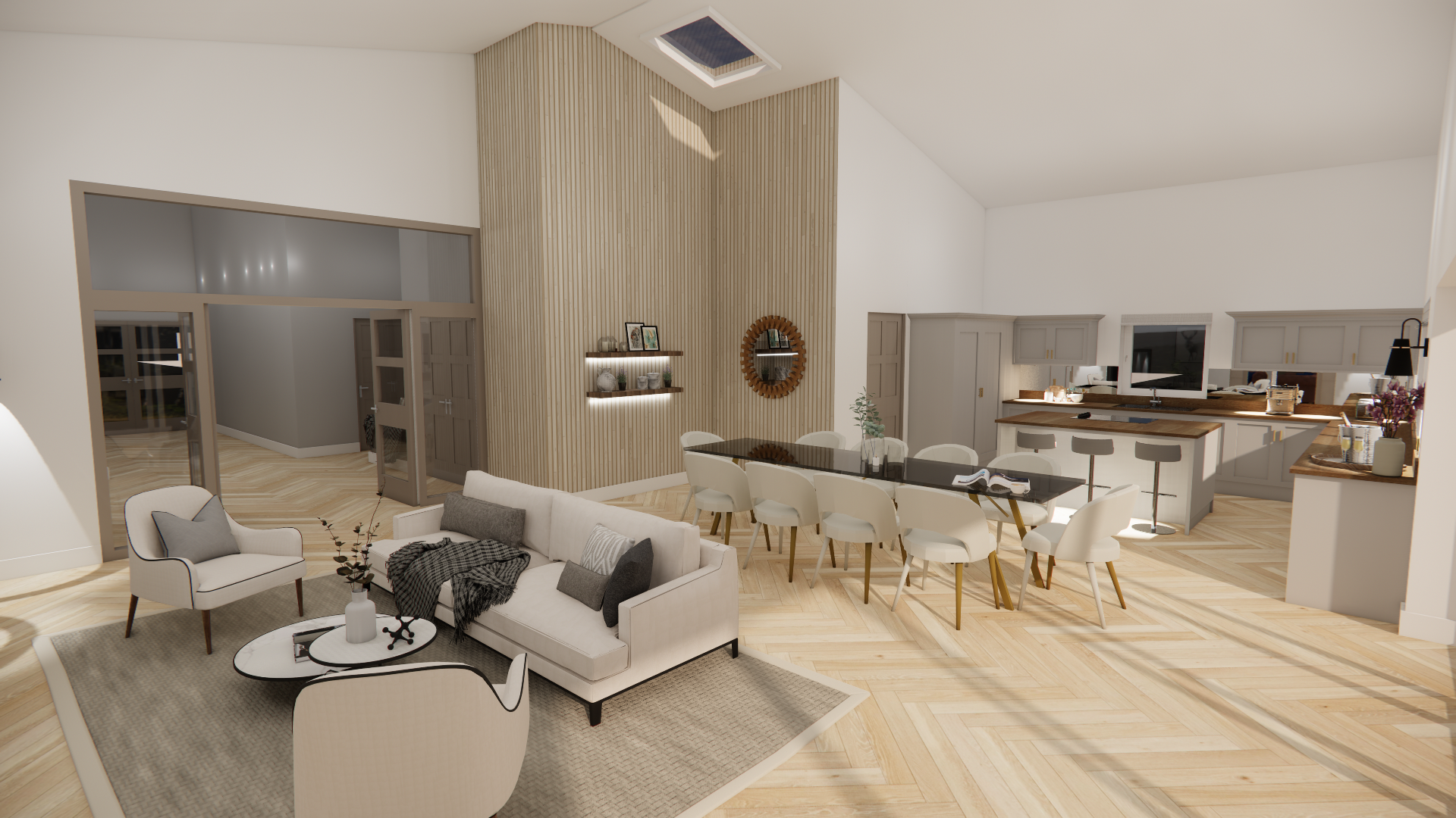 Interior visualisation of the open-plan living, dining and kitchen space at Heronfield Farm with vaulted ceiling, herringbone floors and timber-slatted feature wall