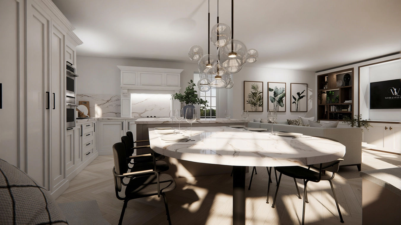 Kitchen with marble island interior CGI