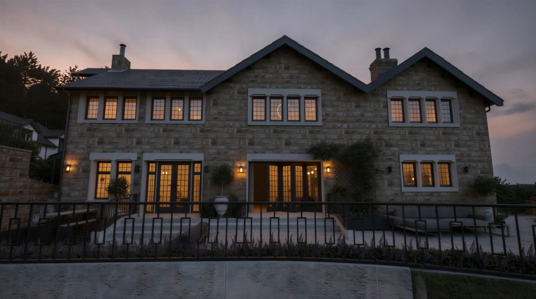 Stone home exterior at dusk render