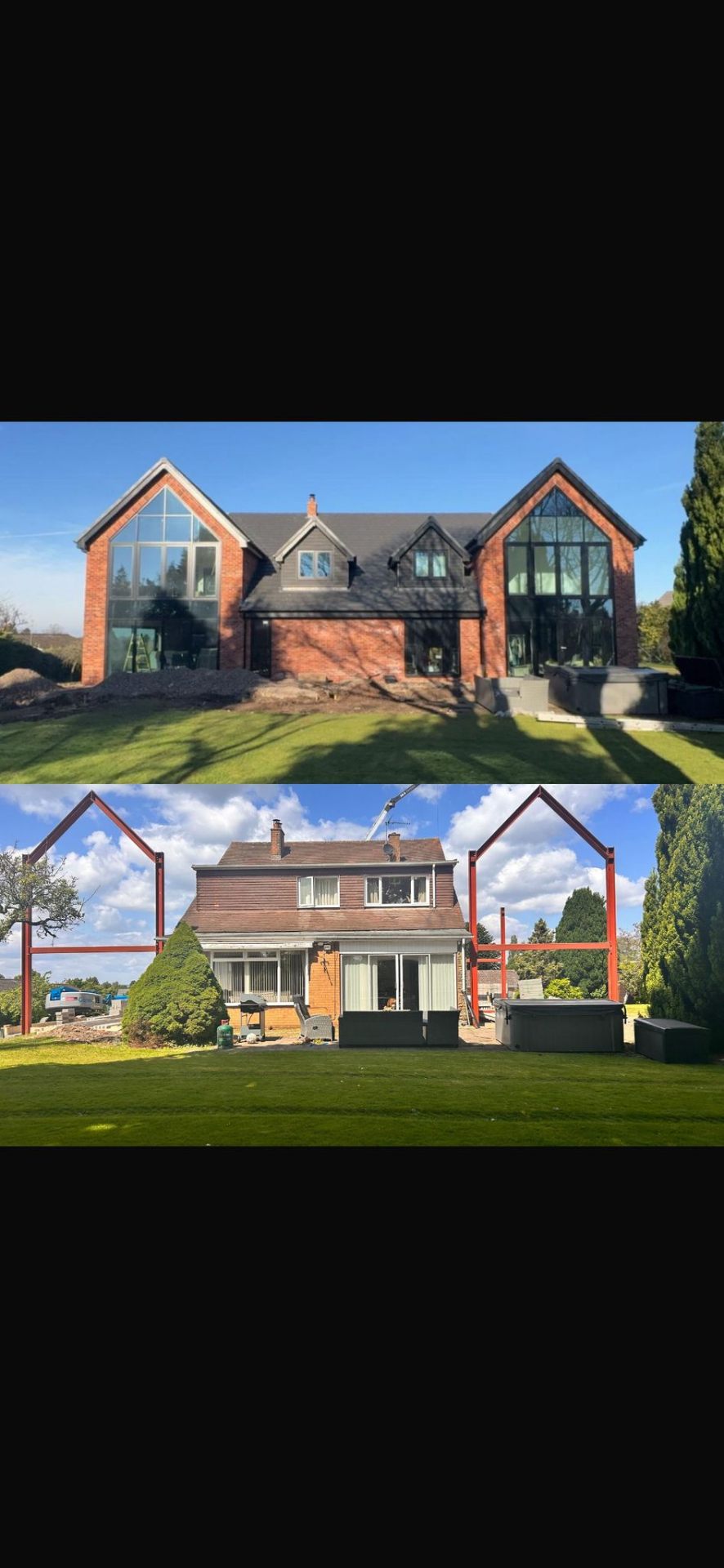 Before and after of the Robin Down Lane home — dormer bungalow re-developed into a contemporary four-bedroom family home with twin glazed gables
