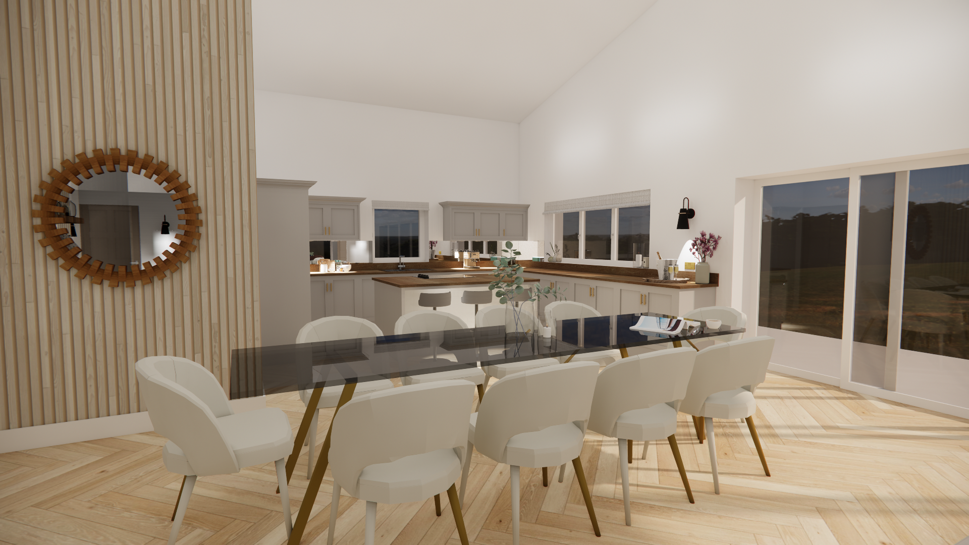 Interior visualisation of the Heronfield Farm barn conversion — vaulted kitchen and dining space with timber-slatted feature wall and full-height sliding doors