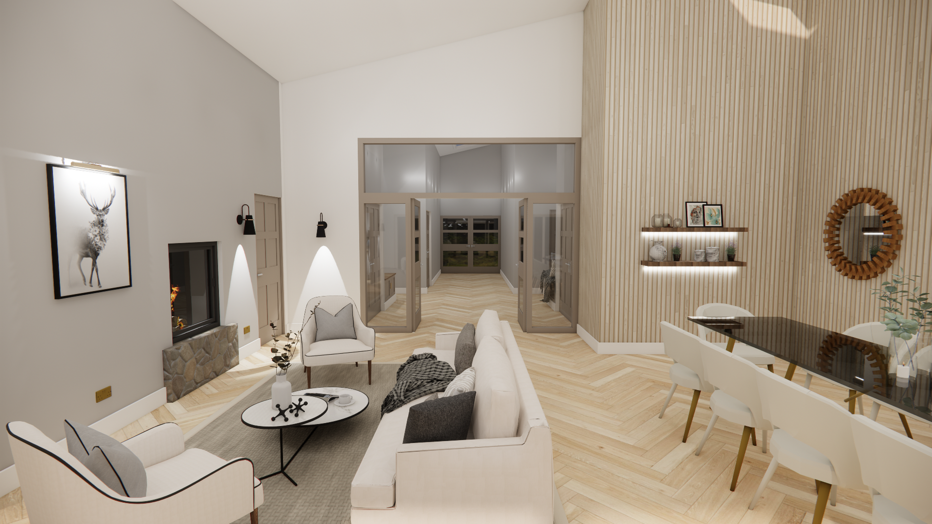 Interior visualisation of the Heronfield Farm living area — double-height vaulted ceiling, stone fireplace, timber-slatted feature wall and views through to the entrance hall