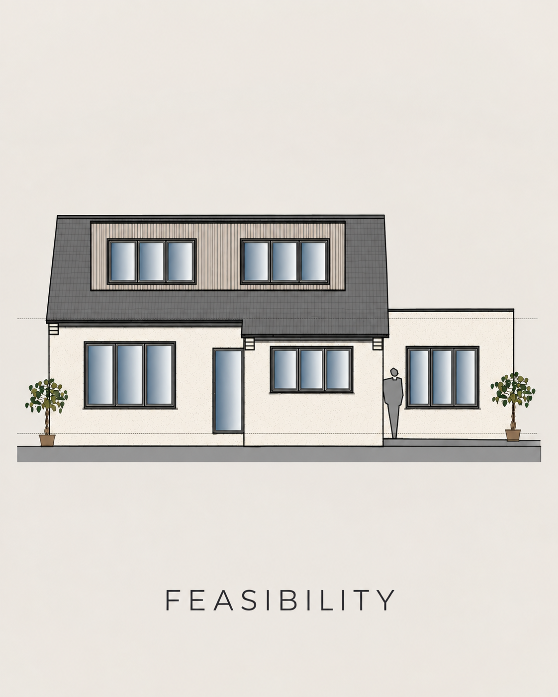 Feasibility elevation drawing showing the proposed first floor dormer extension with timber cladding