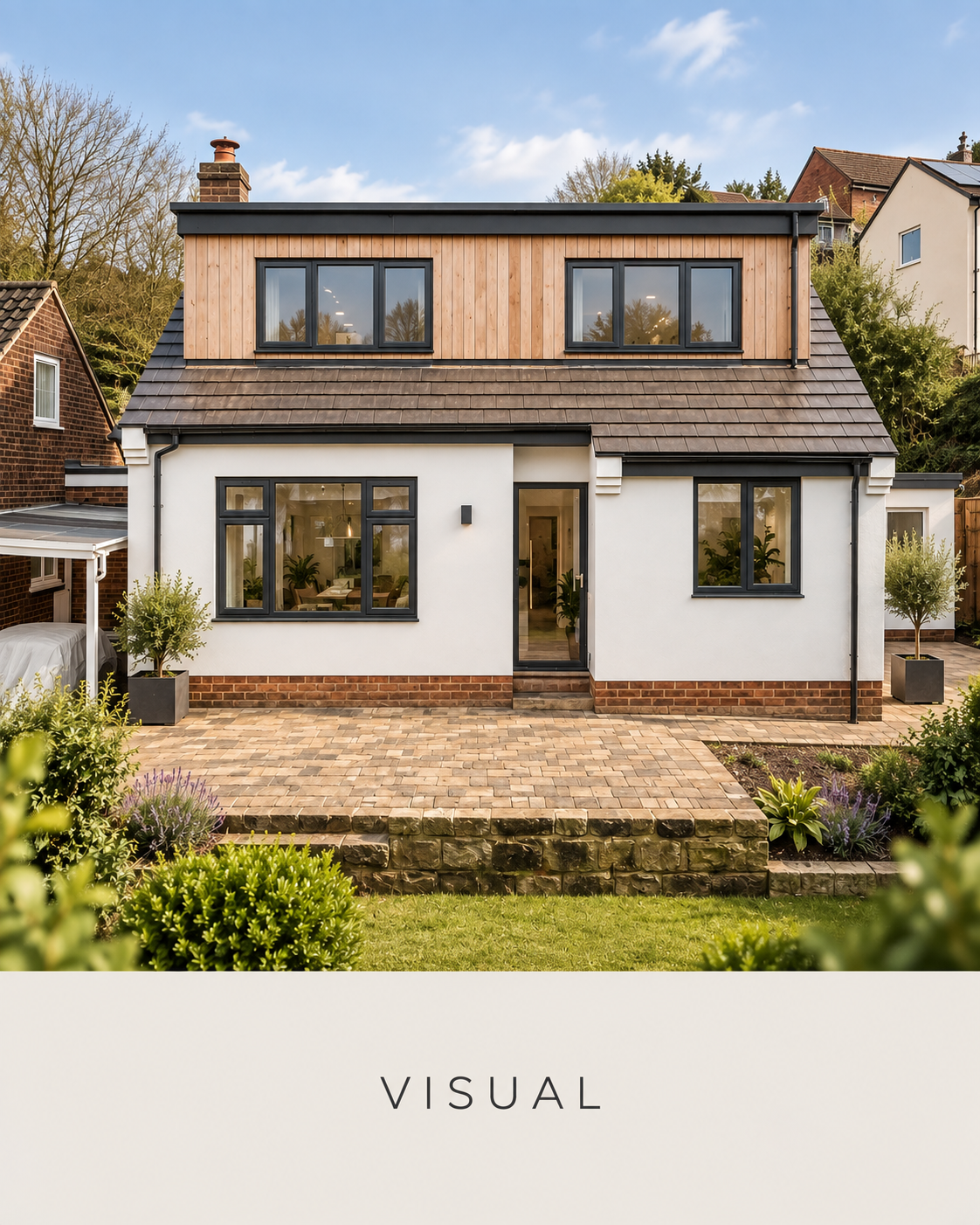 Architectural visualisation of the completed dormer extension with white render and timber cladding