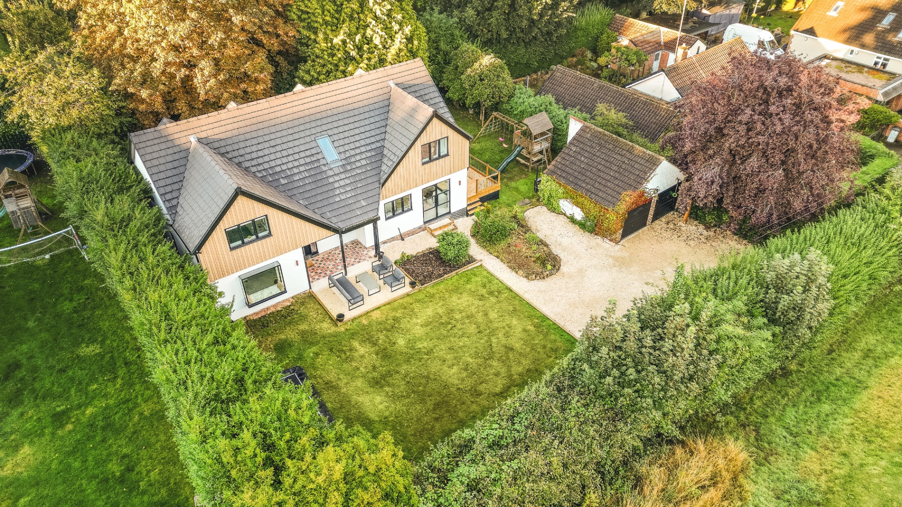 Aerial view of the completed home and garden in Darley Abbey